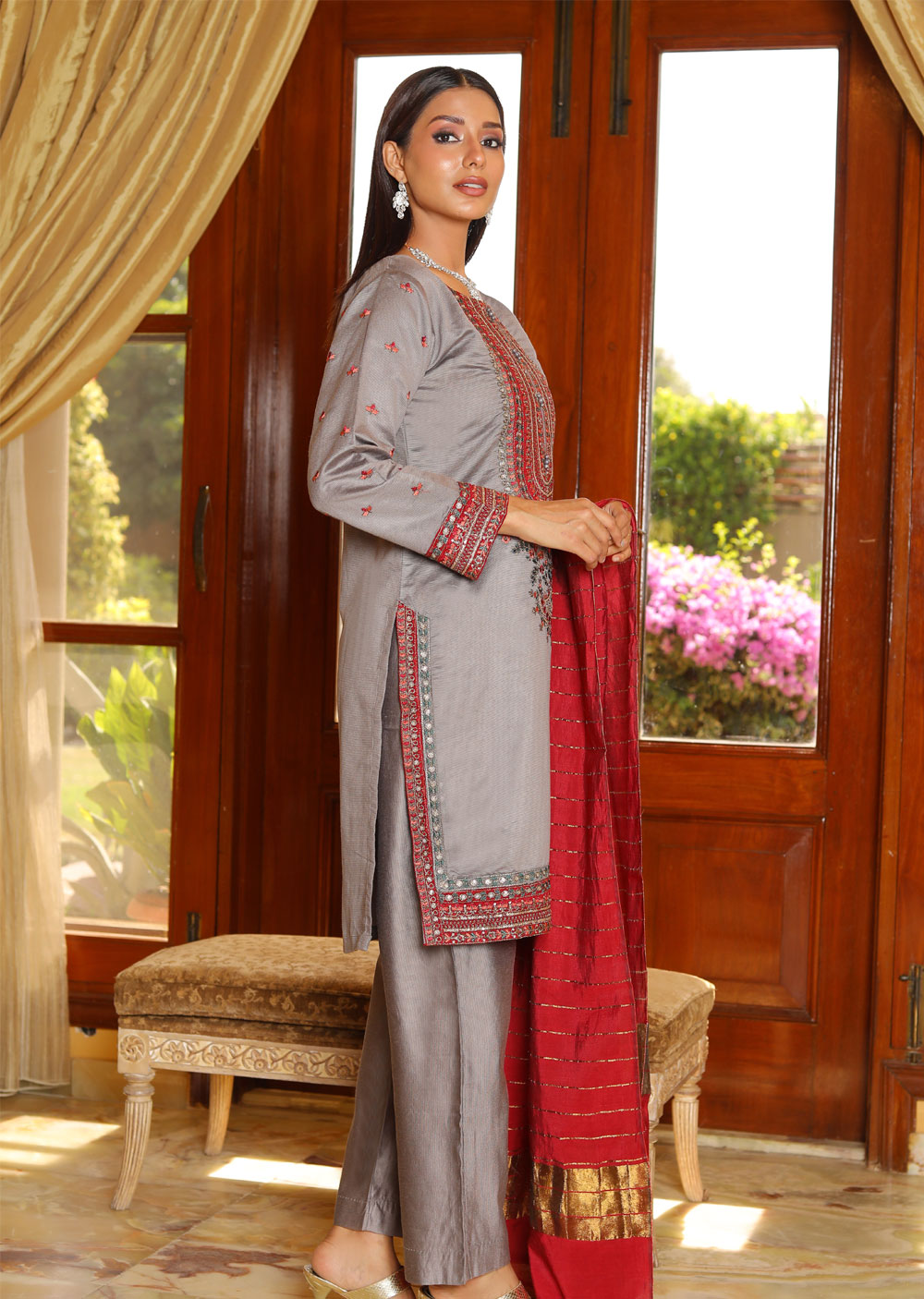 KLD310 Aaria - Grey Readymade Khadi Net Suit - Memsaab Online