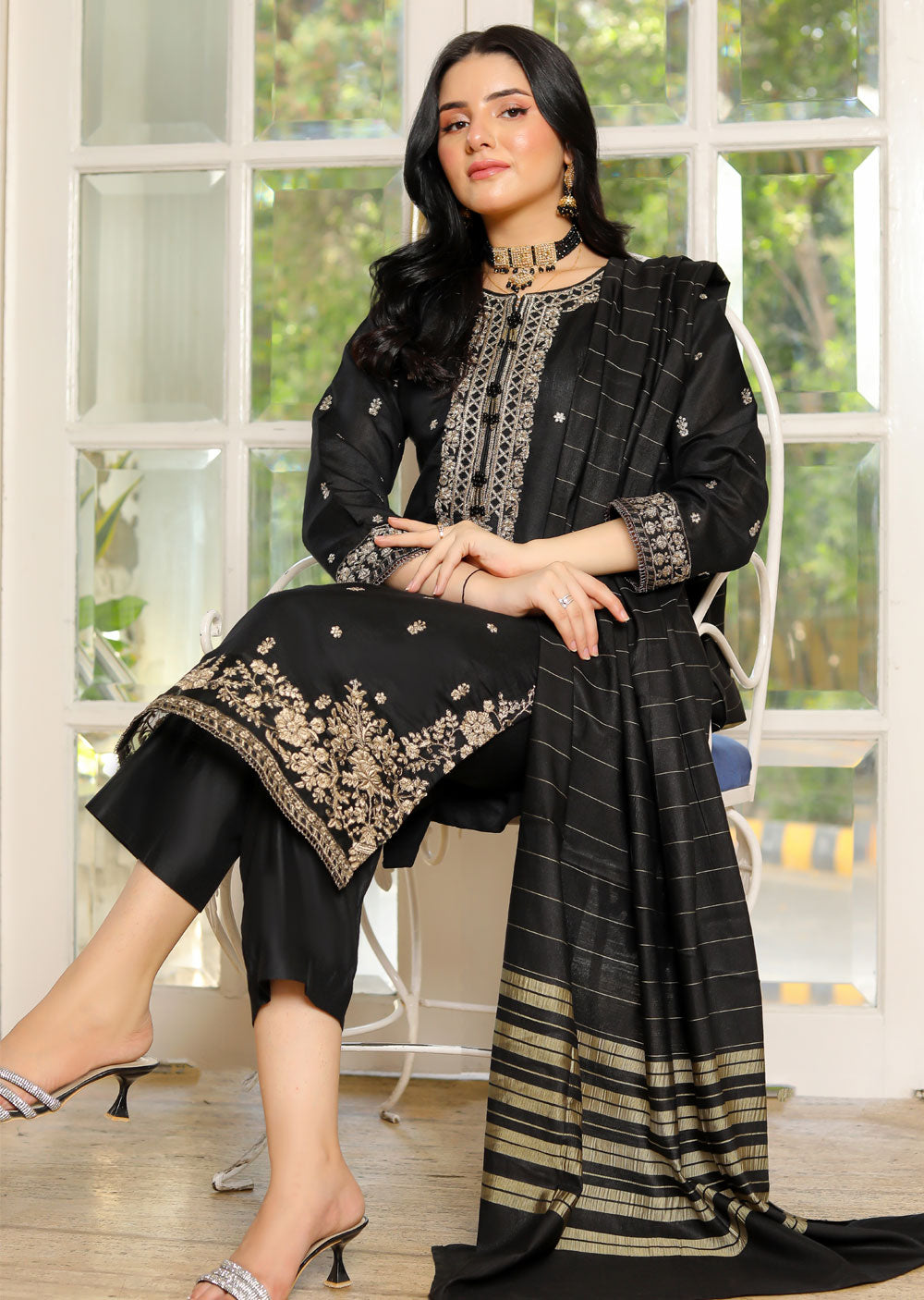 KLD314 / KLD1009 Dinah - Black Readymade Khadi Net Suit - Memsaab Online