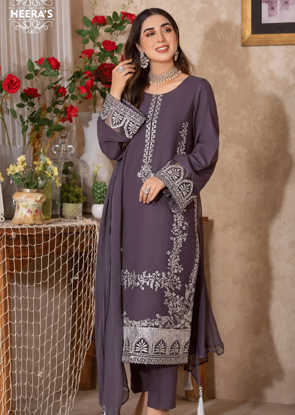 HSS-163 - Readymade - Classic Dhanak Delight Embroidered Suit by Heeras - Memsaab Online