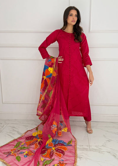 HK275 Rubru - Hot Pink Handpainted Duppatta Suit - Memsaab Online