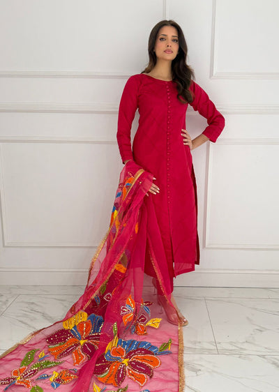 HK275 Rubru - Hot Pink Handpainted Duppatta Suit - Memsaab Online