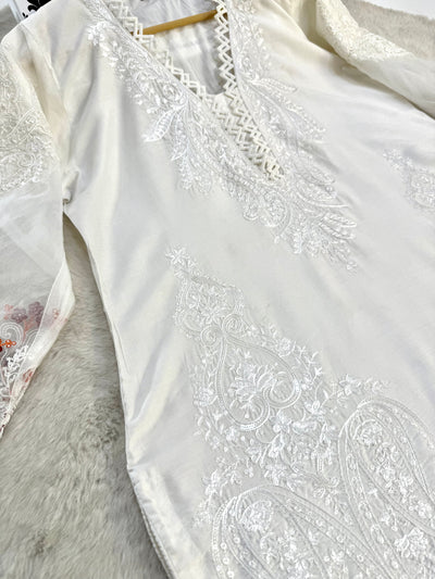 HK130 - White - Readymade Linen Outfit - Memsaab Online
