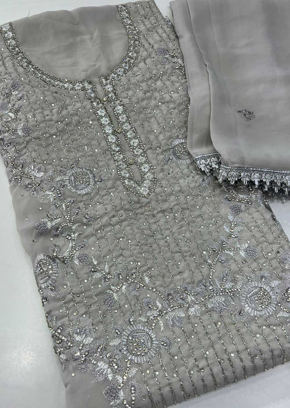 ATQ5335 Unstitched Grey Georgette Suit - Memsaab Online