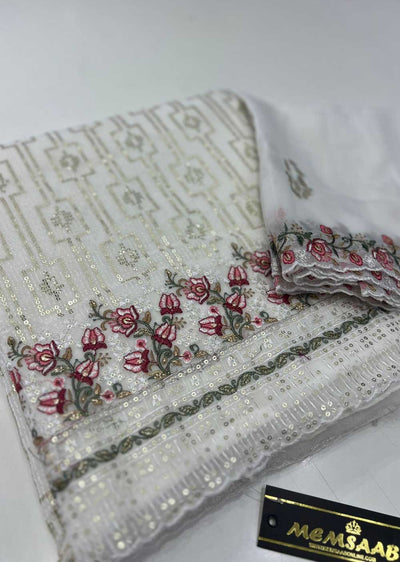 ATQ5380 Unstitched White Georgette Suit - Memsaab Online