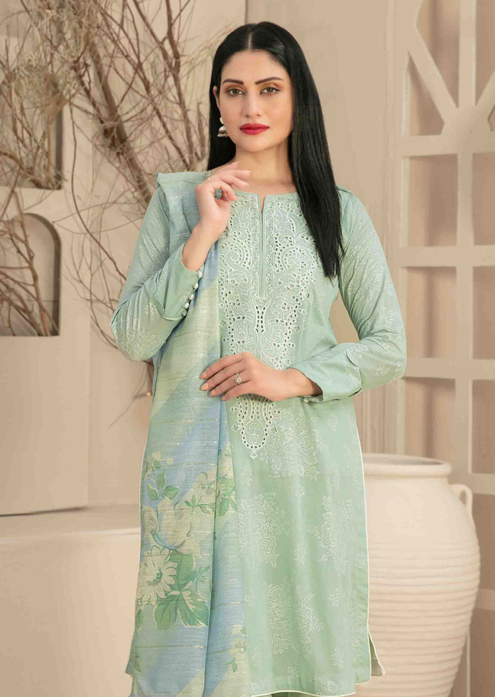 D-3454 - Readymade - Naama Embroidered Lawn By Tawakkal 2024 - Memsaab Online