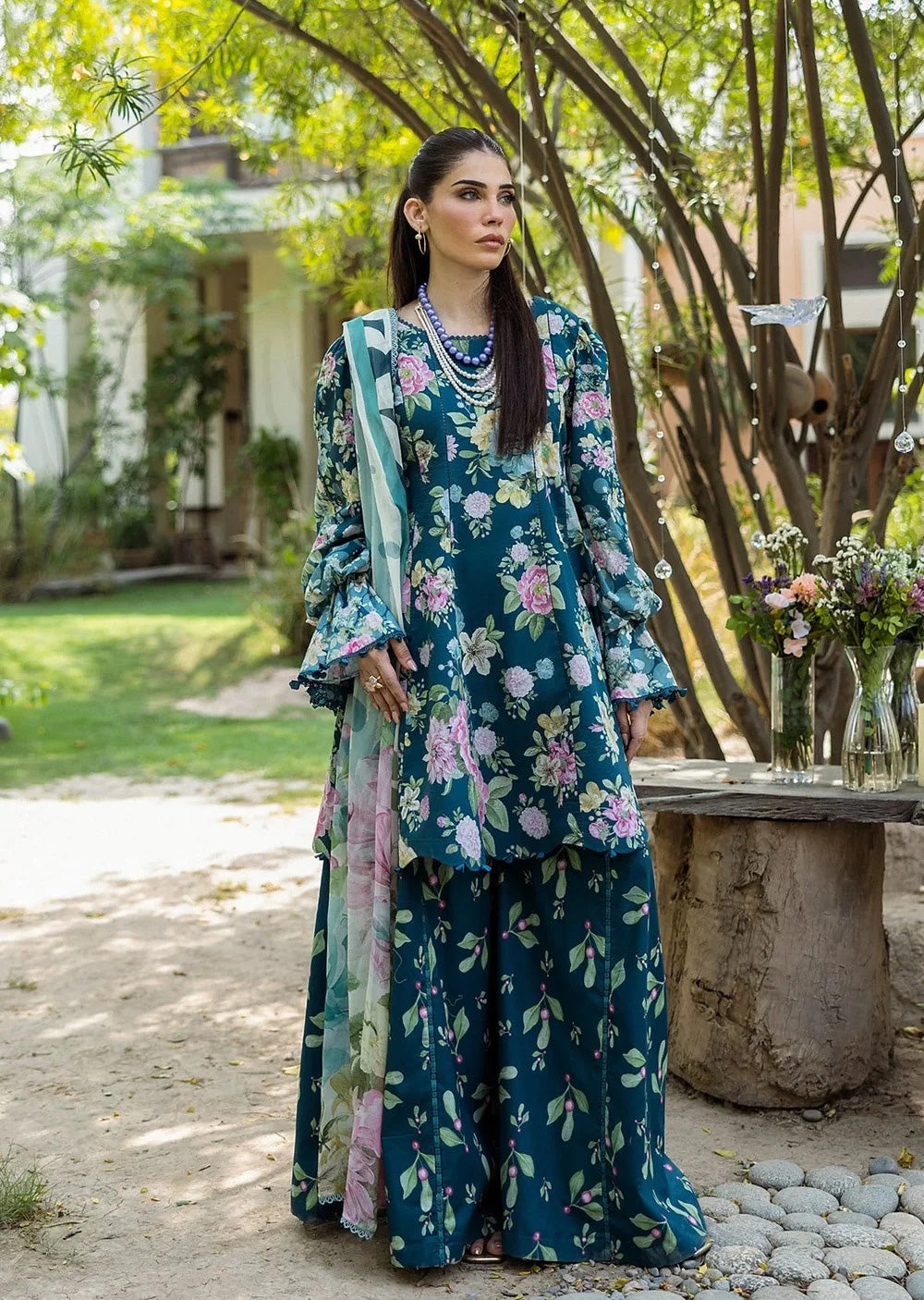 ELFECD-01-B- Azure Fern - Readymade - Elaf Prints Collection 2025 - Memsaab Online