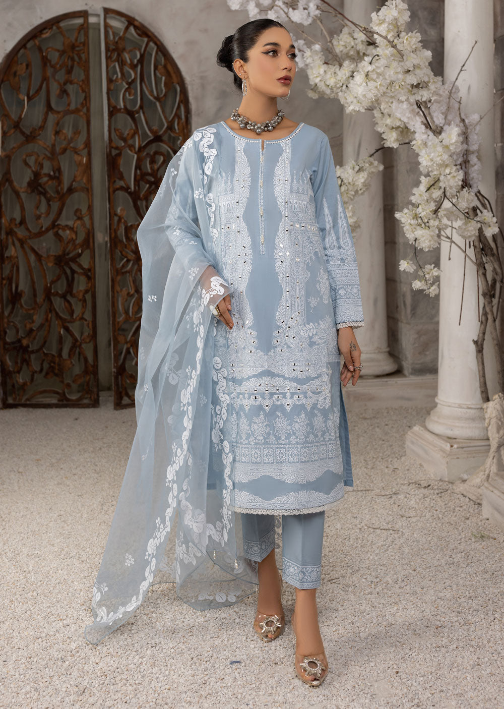 MDM-55-B - Grey Madame Mirror Embroidered Suit - Memsaab Online