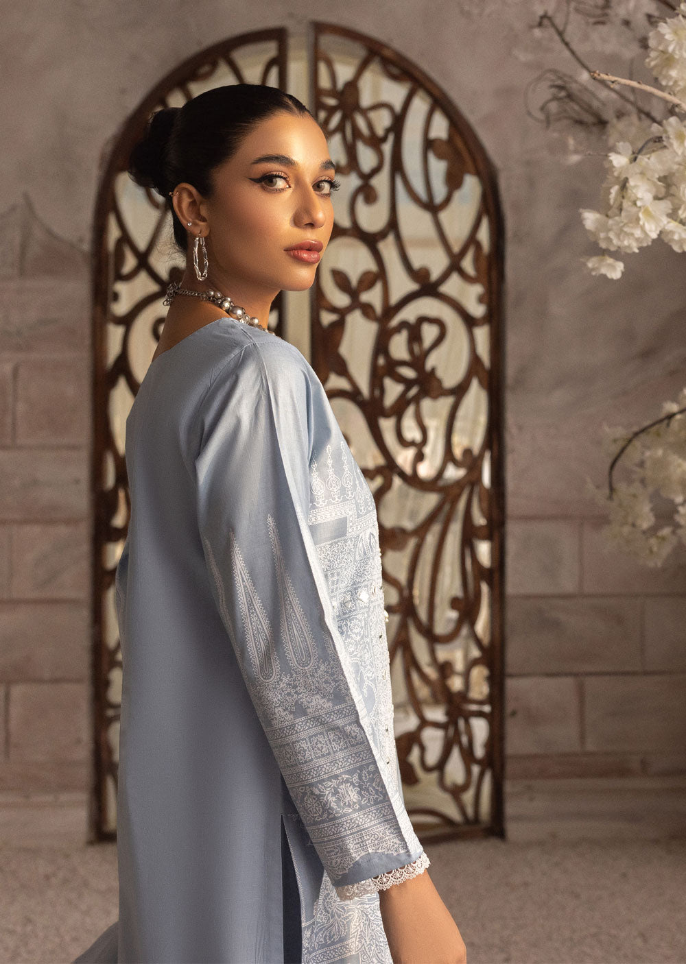 MDM-55-B - Grey Madame Mirror Embroidered Suit - Memsaab Online