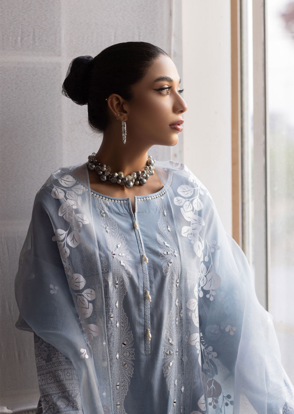 MDM-55-B - Grey Madame Mirror Embroidered Suit - Memsaab Online