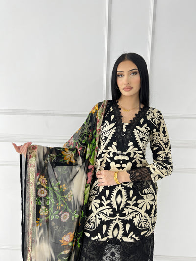 MDNA-07 - Black Embroidered Lawn Outfit - Memsaab Online