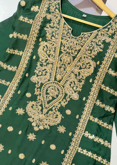 HK257 Dahlia - Green Readymade Linen Suit - Memsaab Online