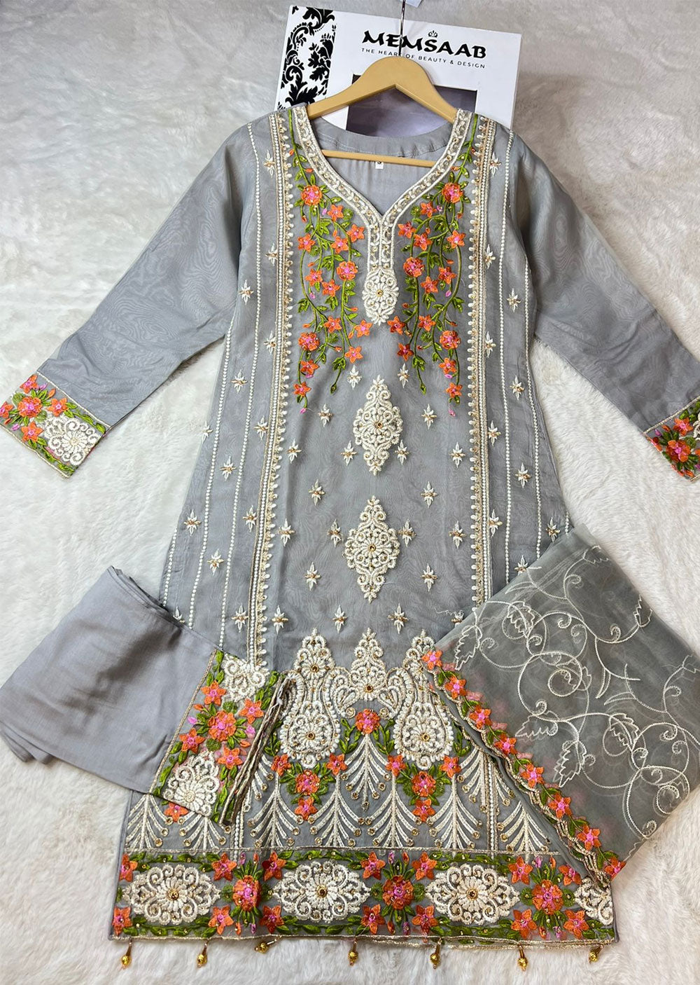 ASK658 Readymade Organza Grey Suit - Memsaab Online