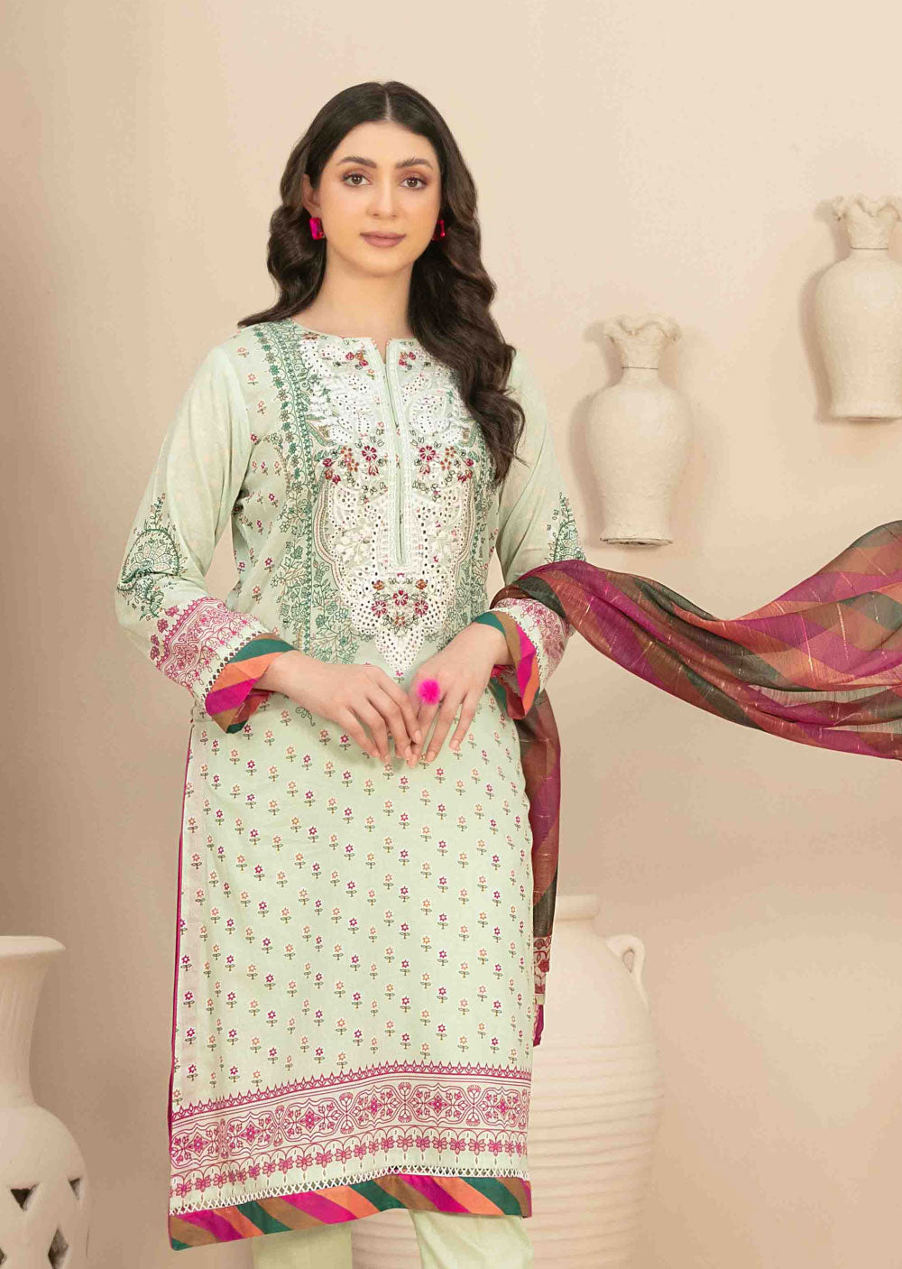 D-3458 - Readymade - Naama Embroidered Lawn By Tawakkal 2024 - Memsaab Online