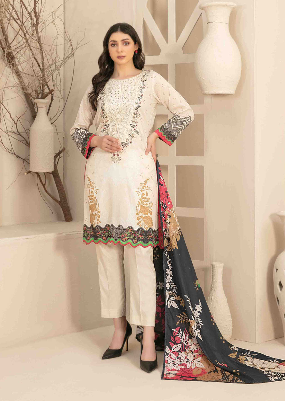 D-3459 - Readymade - Naama Embroidered Lawn By Tawakkal 2024 - Memsaab Online