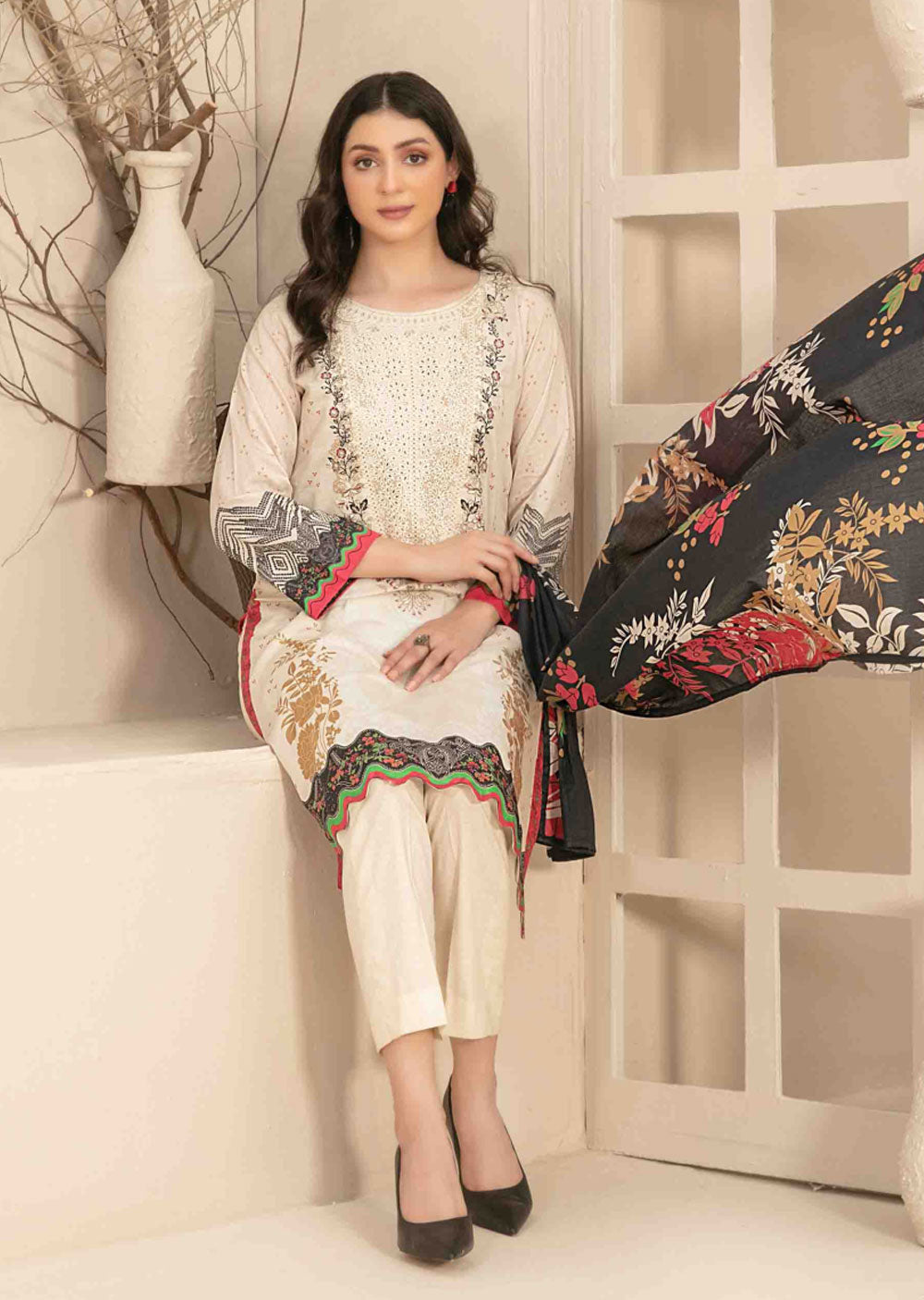 D-3459 - Readymade - Naama Embroidered Lawn By Tawakkal 2024 - Memsaab Online