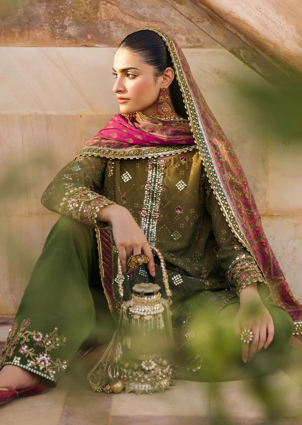 IZKN-05 - Mehndi Green Readymade - Bandhani Chiffon Collection by Iznik 2025 - Memsaab Online