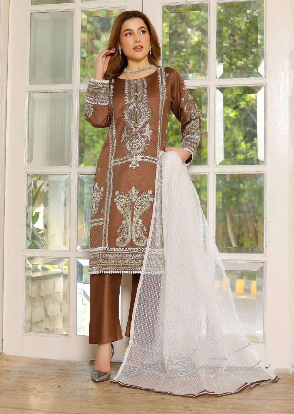 KLD304 Effat - Brown Readymade Khadi Net Suit - Memsaab Online