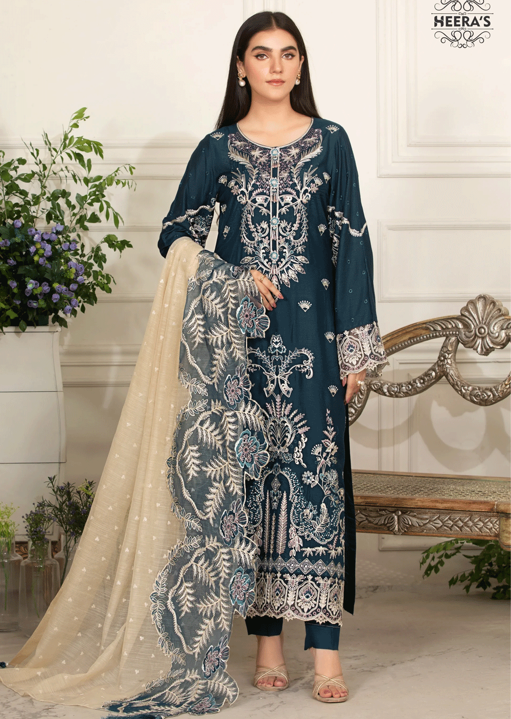 HSS-164 - Readymade - Aura Zink Majestic Embroidery suit by Heeras - Memsaab Online