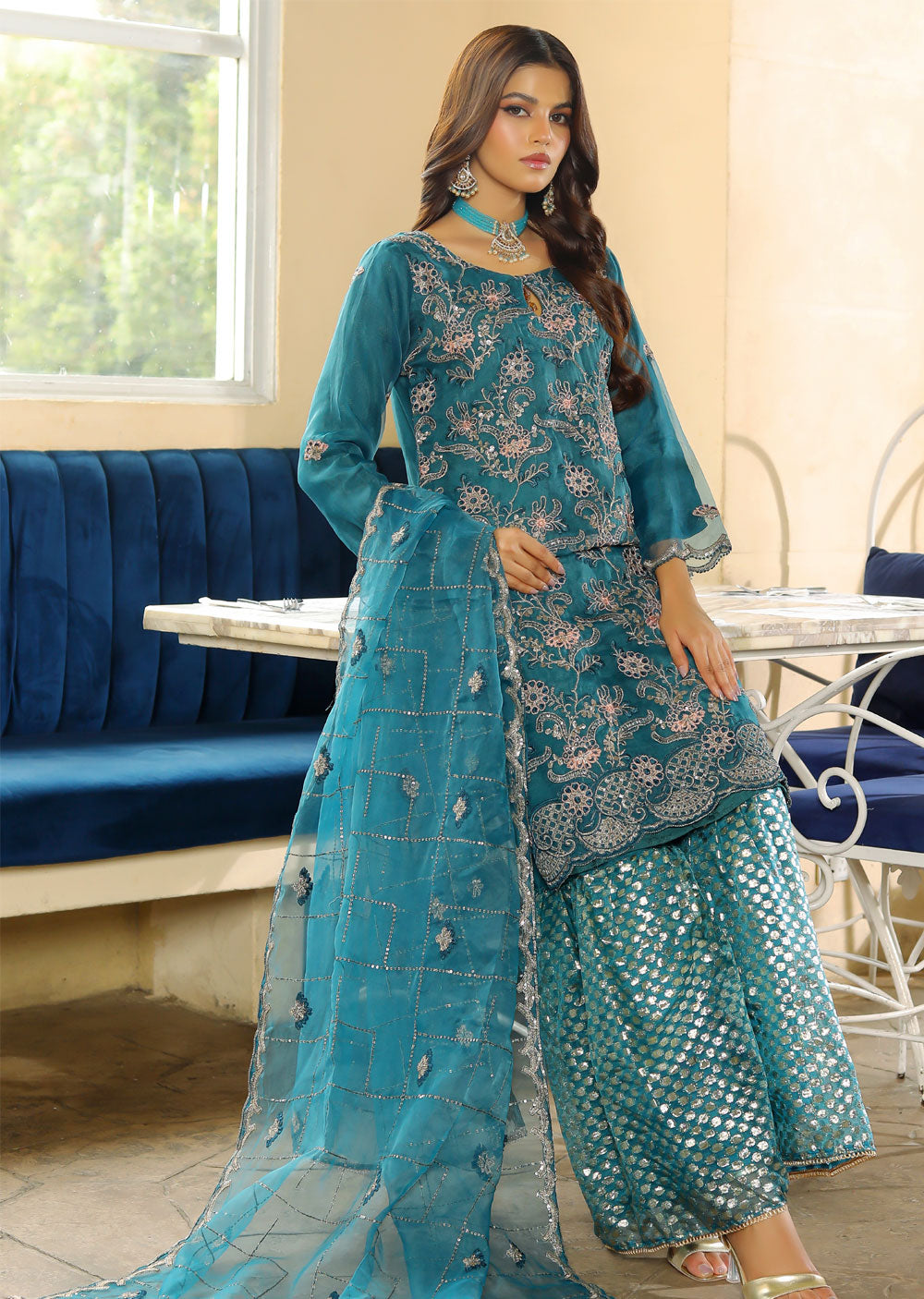 KLD309 Nira - Teal Readymade Organza Suit - Memsaab Online