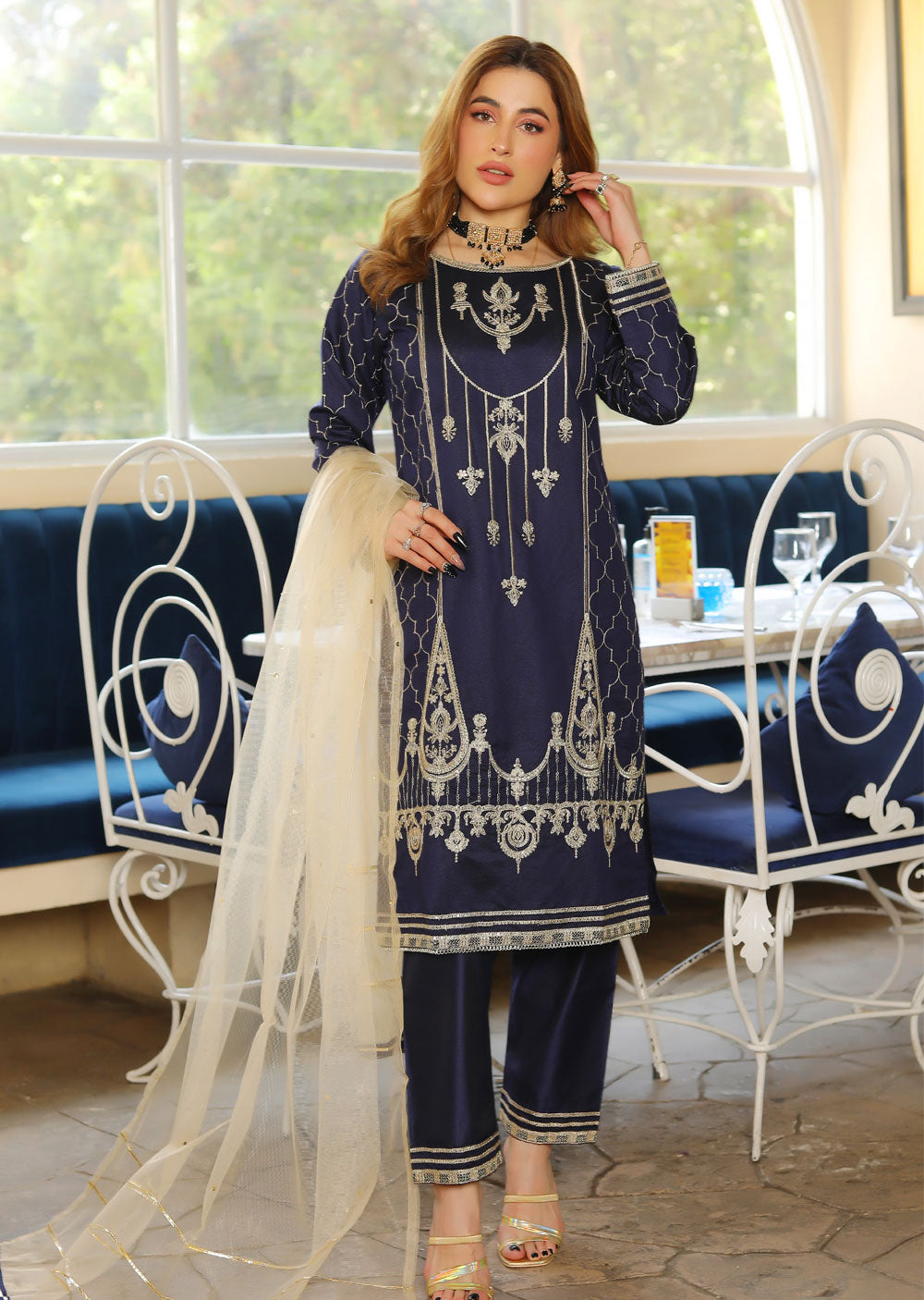 KLD311 Arqa - Navy Readymade Khadi Net Suit - Memsaab Online