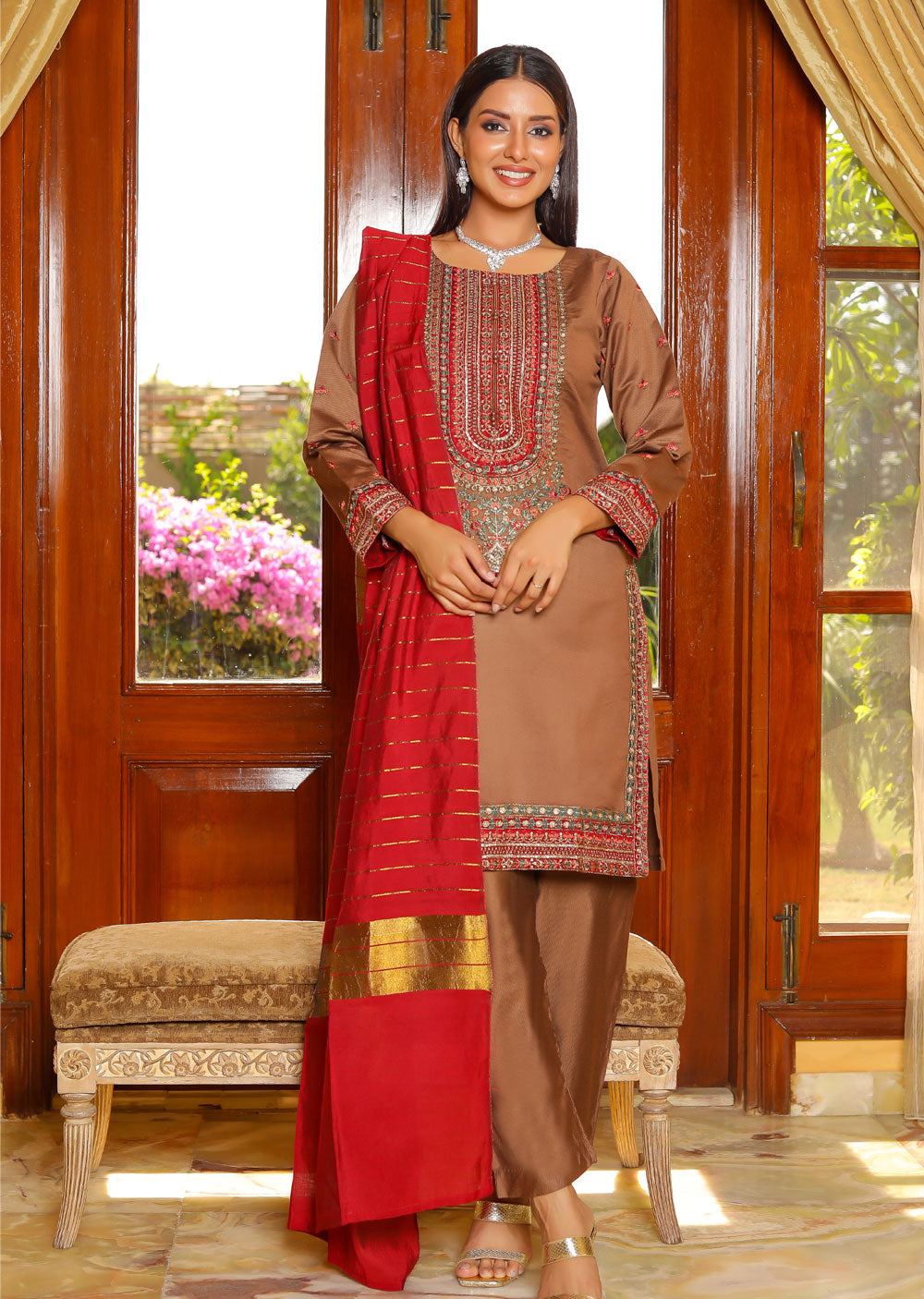 KLD310 Aaria - Brown Readymade Khadi Net Suit - Memsaab Online