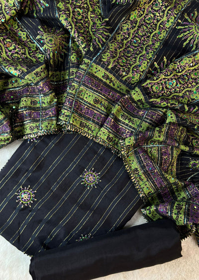 MEM05 - Black - Unstitched pure Cotton silk suit - Memsaab Online