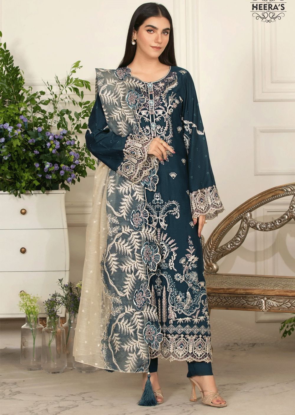 HSS-164 - Readymade - Aura Zink Majestic Embroidery suit by Heeras - Memsaab Online