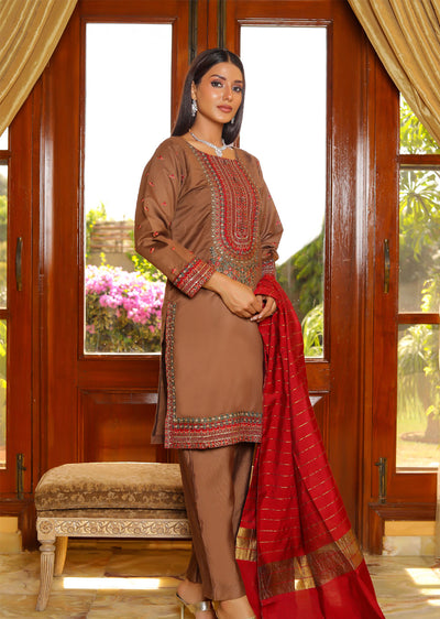 KLD310 Aaria - Brown Readymade Khadi Net Suit - Memsaab Online