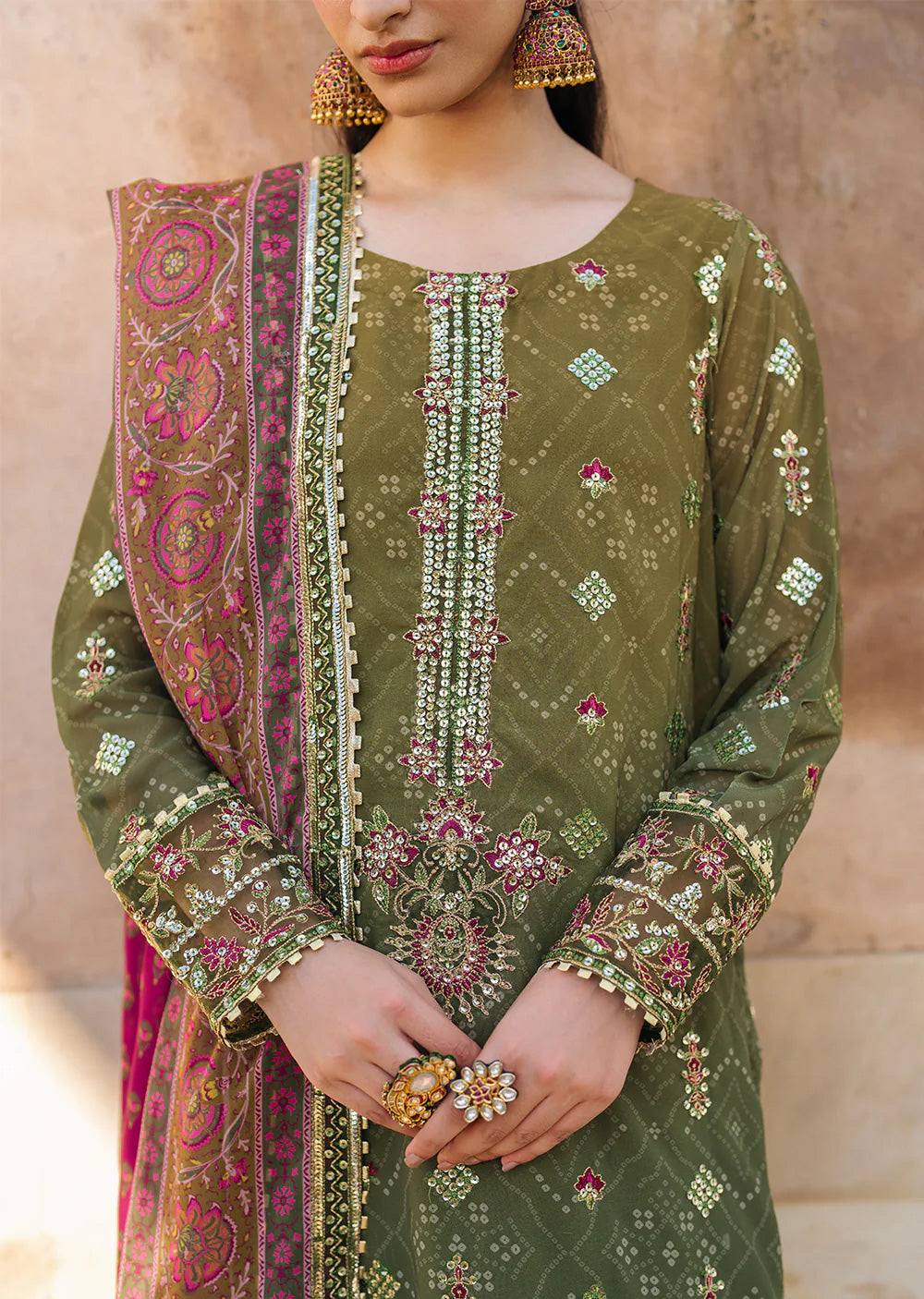 IZKN-05 - Mehndi Green Readymade - Bandhani Chiffon Collection by Iznik 2025 - Memsaab Online