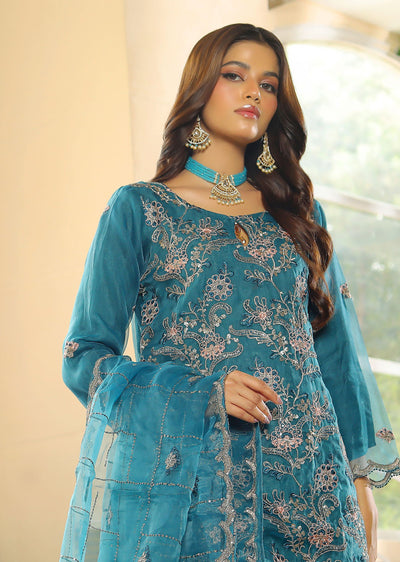 KLD309 Nira - Teal Readymade Organza Suit - Memsaab Online