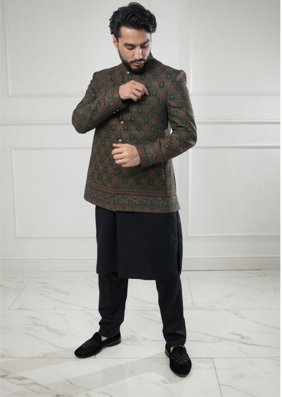 PC-701 - Green Mens Embroidered Prince Coat - Memsaab Online