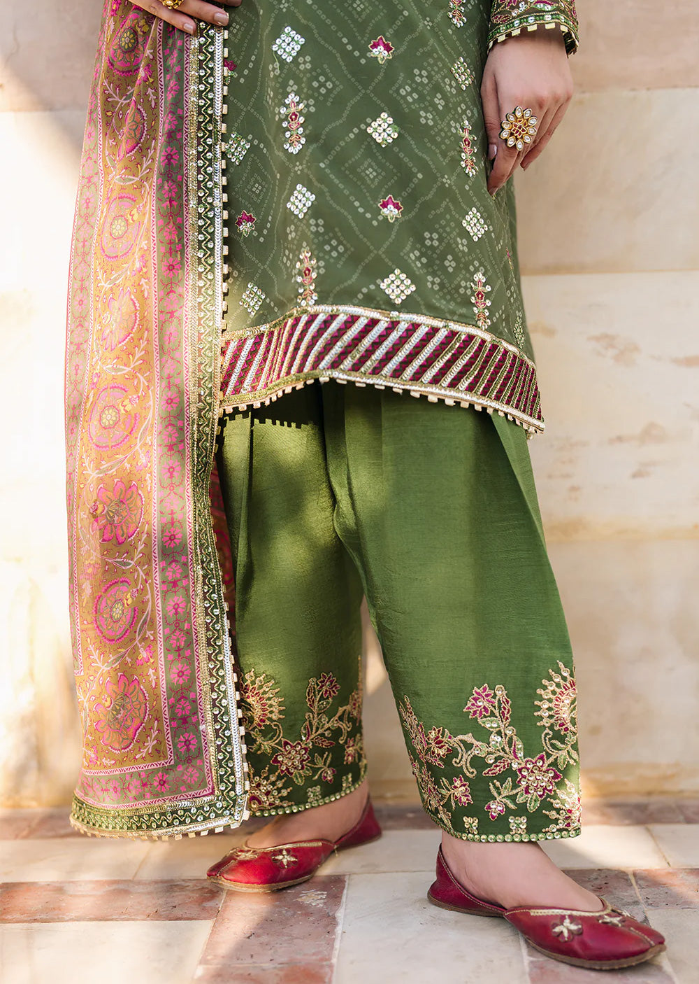 IZKN-05 - Mehndi Green Readymade - Bandhani Chiffon Collection by Iznik 2025 - Memsaab Online