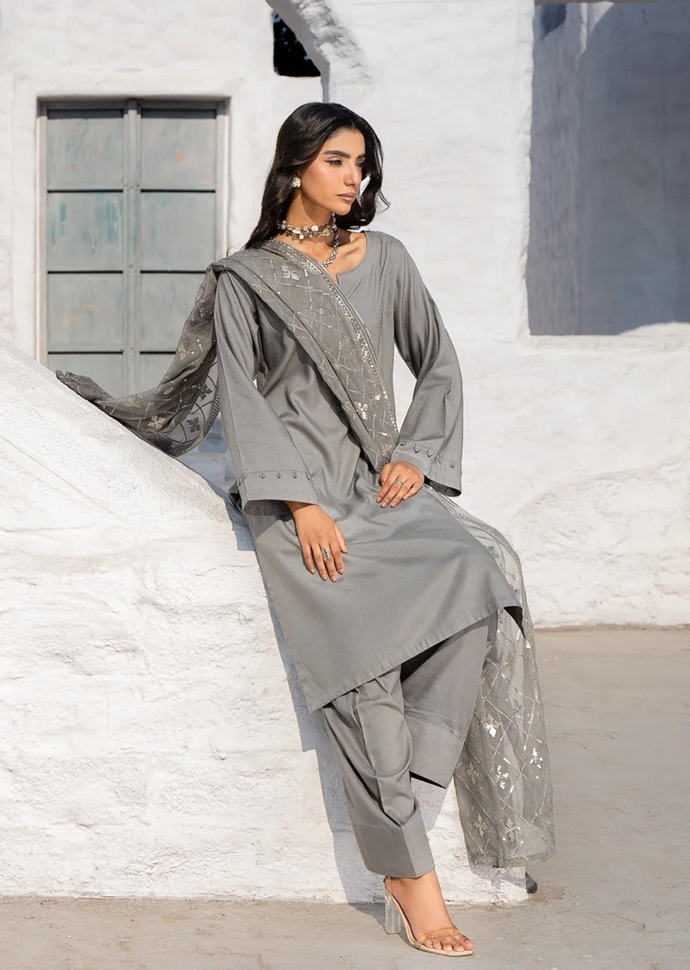 RNDH-05- Grey - Readymade - Rania.H Linen Collection 2025 - Memsaab Online