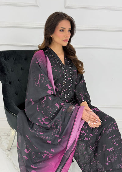 SMR3102 Yumna - Black/Purple Readymade Silk Suit - Memsaab Online