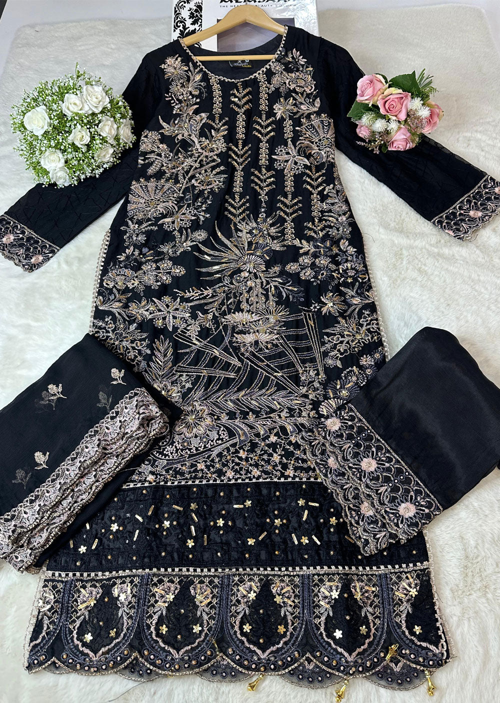 ASK602 Black Readymade Chiffon Suit - Memsaab Online