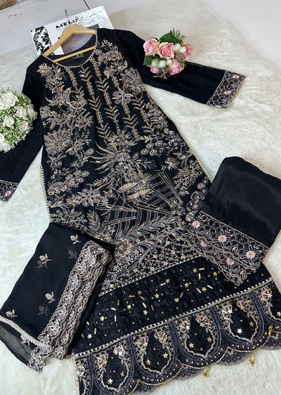 ASK602 Black Readymade Chiffon Suit - Memsaab Online