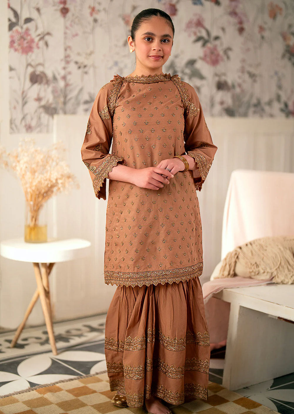 MS-24604 Brown Kids Designer Sharara Suit - Memsaab Online