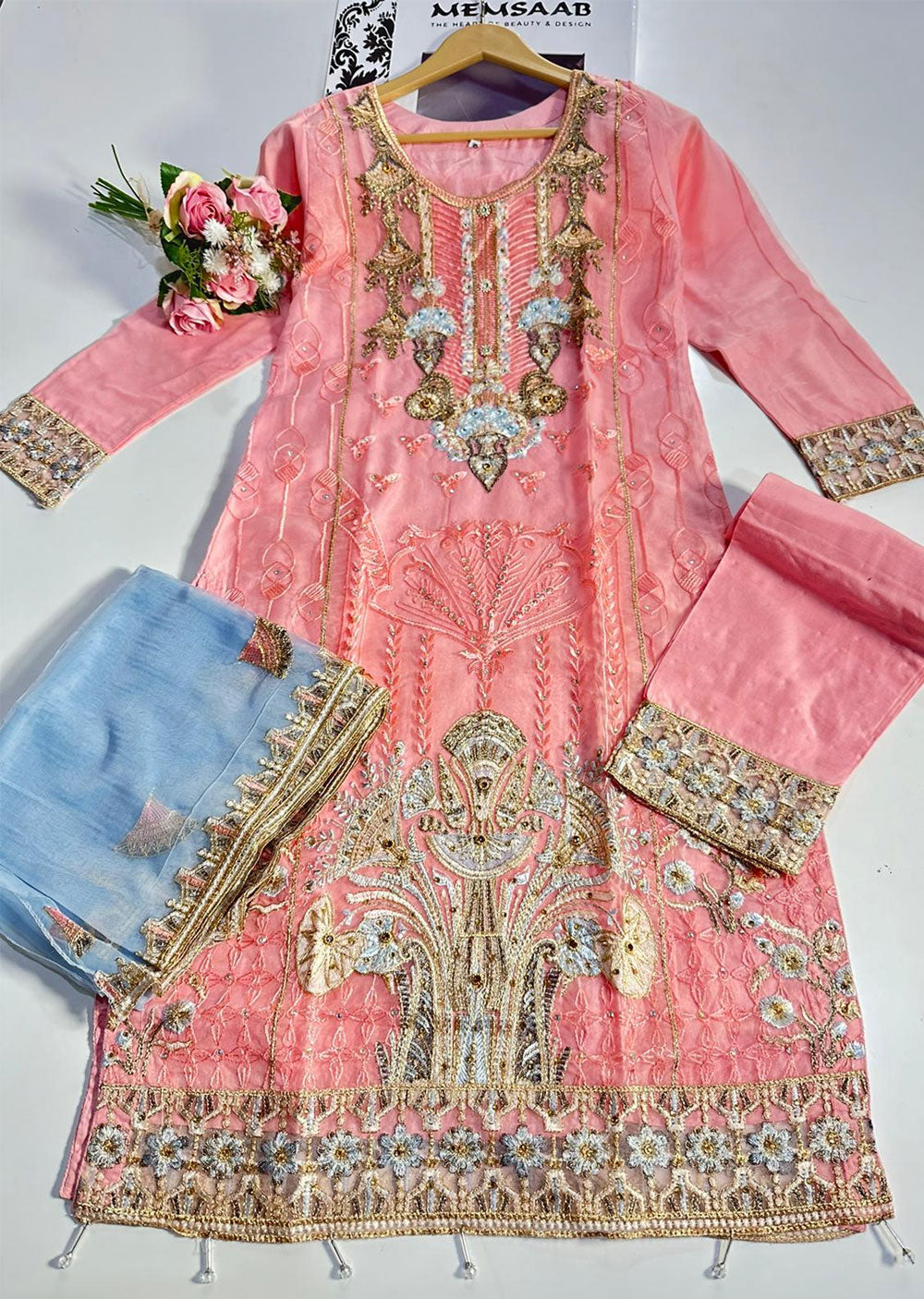 ASK612 Readymade Organza Pink Suit - Memsaab Online