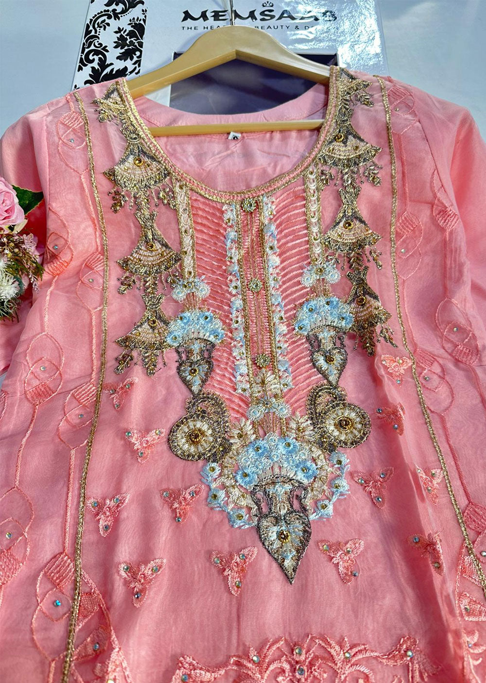 ASK612 Readymade Organza Pink Suit - Memsaab Online