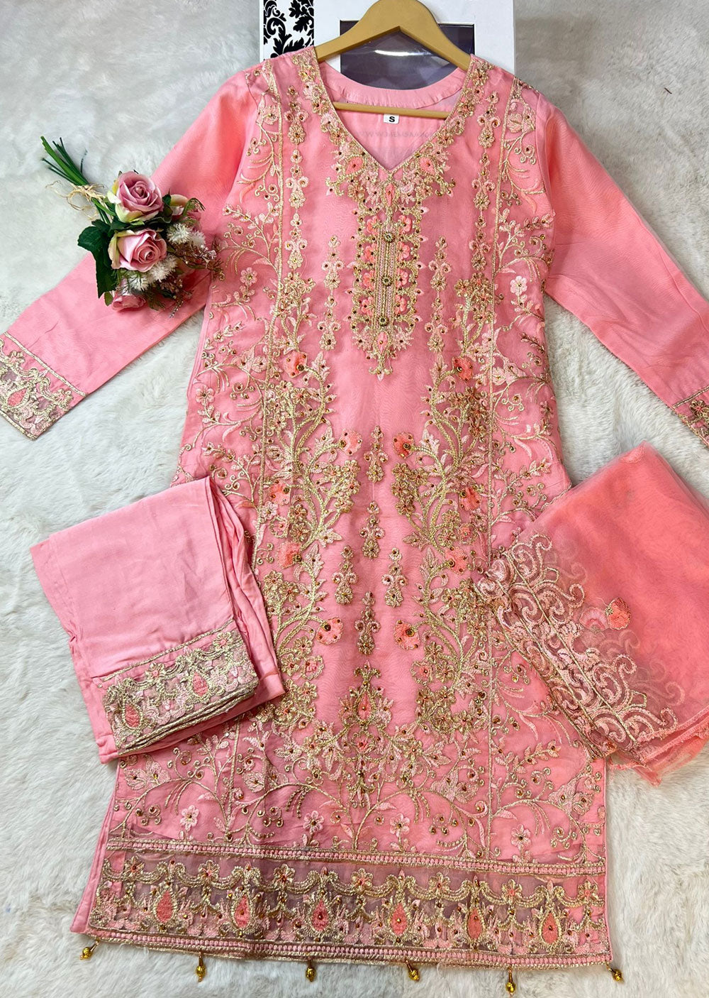 ASK613 Readymade Organza Pink Suit - Memsaab Online