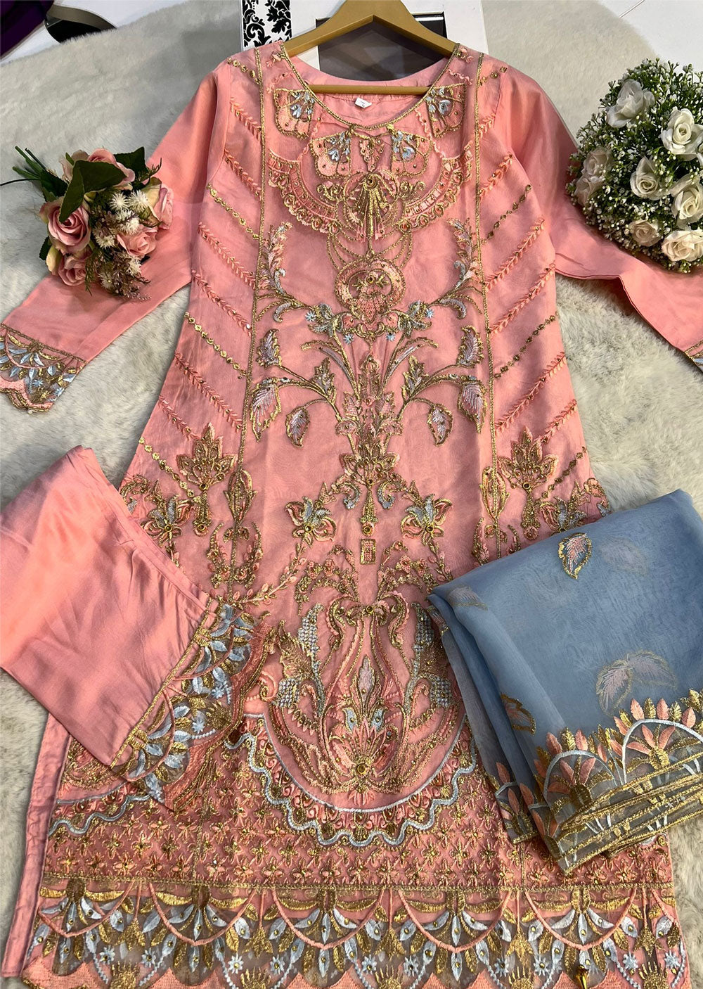 ASK614 Readymade Organza Pink Suit - Memsaab Online