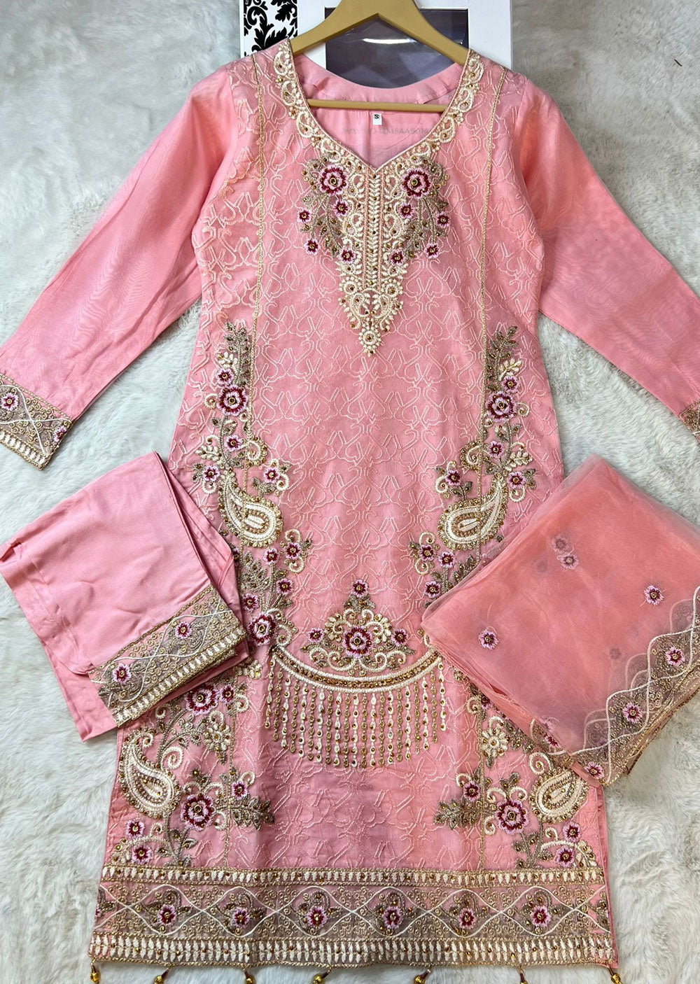 ASK615 Readymade Organza Pink Suit - Memsaab Online