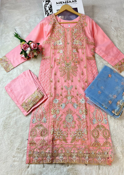 ASK617 Readymade Organza Pink Suit - Memsaab Online