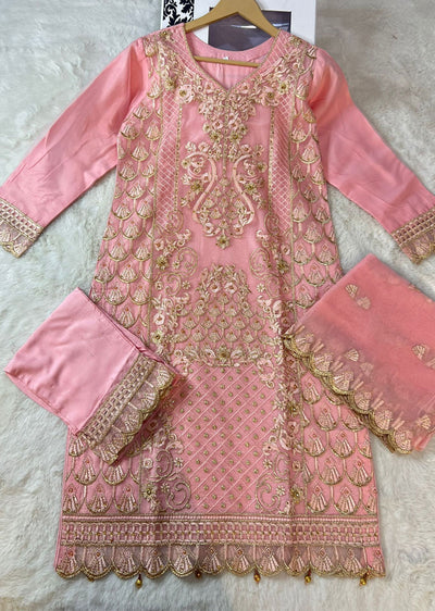 ASK618 Readymade Organza Pink Suit - Memsaab Online