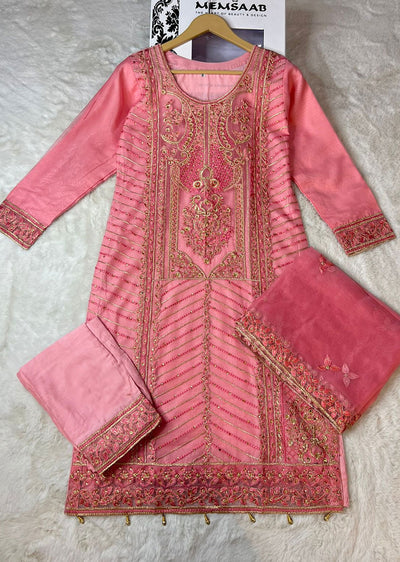 ASK619 Readymade Organza Pink Suit - Memsaab Online