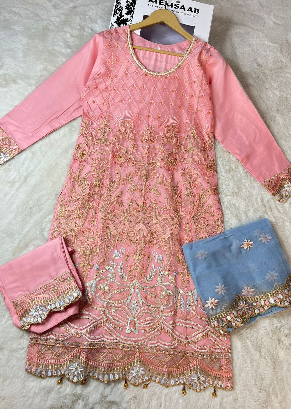 ASK624 Readymade Organza Pink Suit - Memsaab Online