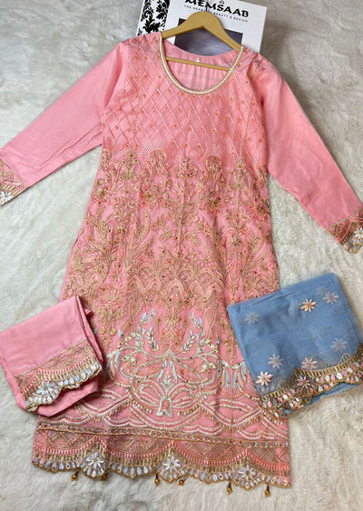 ASK624 Readymade Organza Pink Suit - Memsaab Online