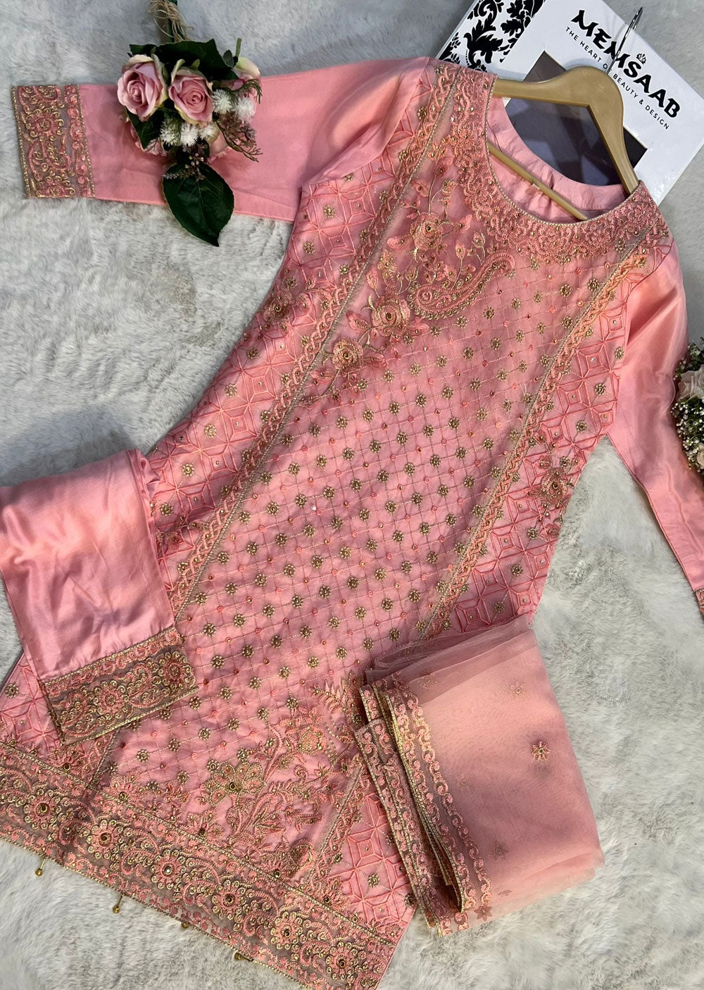 ASK625 Readymade Organza Pink Suit - Memsaab Online