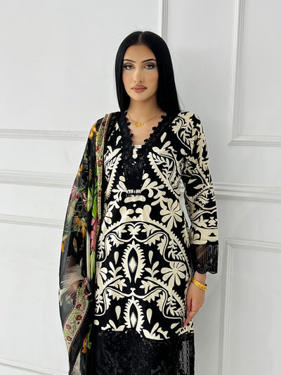 MDNA-07 - Black Embroidered Lawn Outfit - Memsaab Online