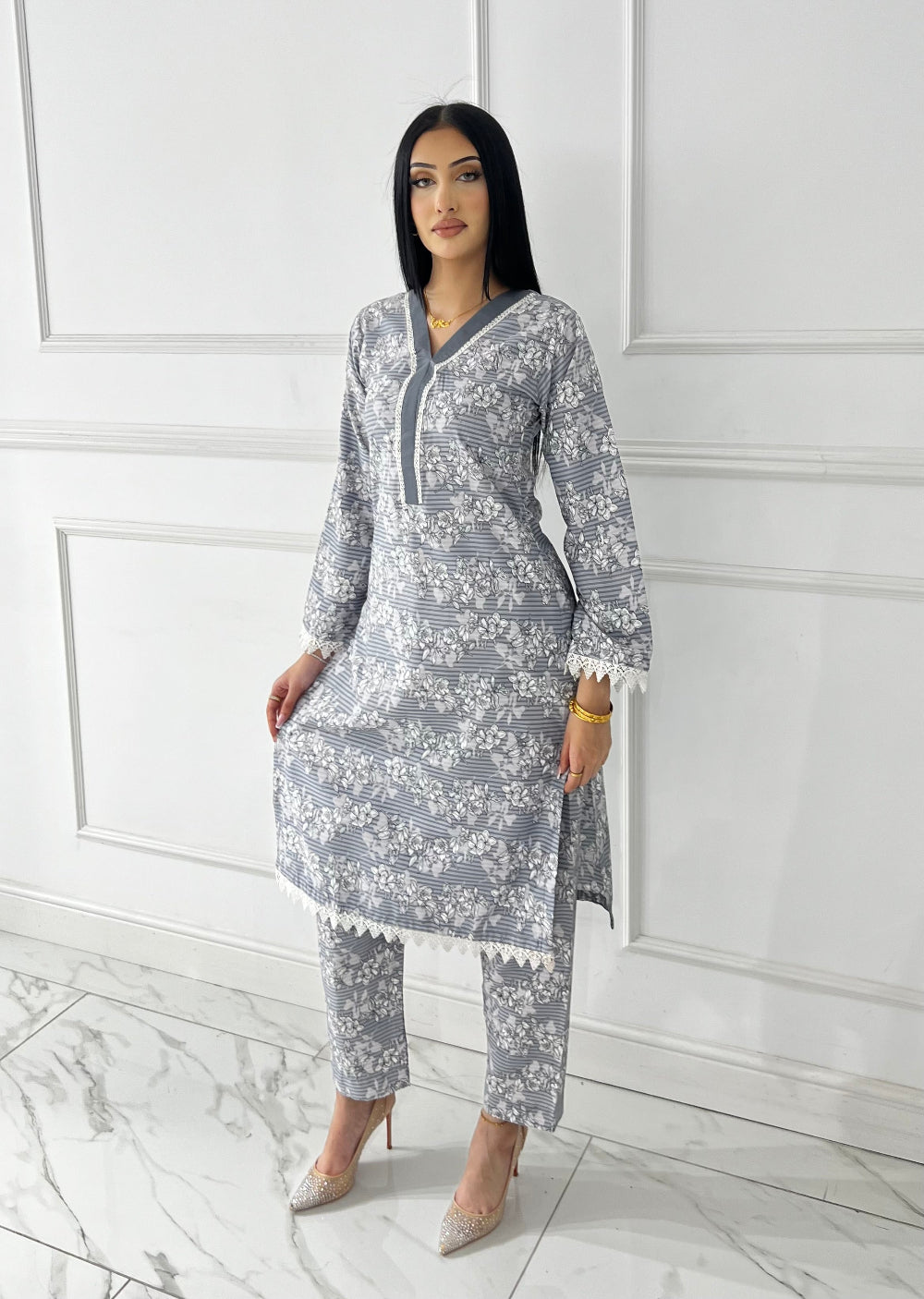 BUT-122- Grey - S.Prints Printed Lawn Co-ords - Memsaab Online